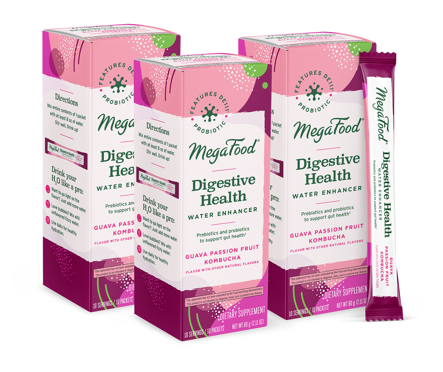 MegaFood Digestive Health Water Enhancer - Prebiotics & Probiotics for Women & Men - Support Gut Health with 2 Billion CFU - Guava Passion Fruit Kombucha Powder - 10 Count (Pack of 3)