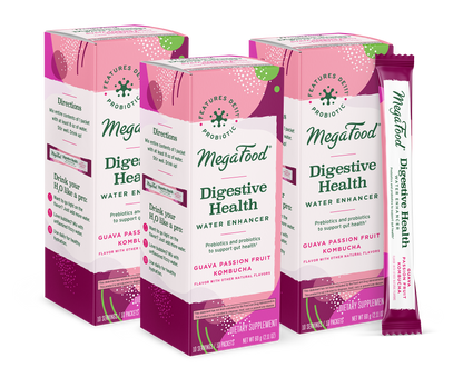 MegaFood Digestive Health Water Enhancer - Prebiotics & Probiotics for Women & Men - Support Gut Health with 2 Billion CFU - Guava Passion Fruit Kombucha Powder - 10 Count (Pack of 3)