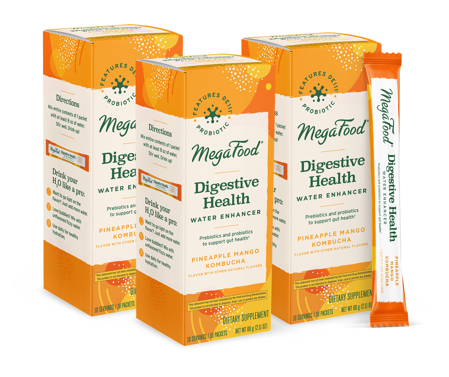 MegaFood Digestive Health Water Enhancer - Prebiotics & Probiotics for Women & Men - Support Gut Health with 2 Billion CFU - Pineapple Mango Kombucha Powder - 10 Count (Pack of 3)