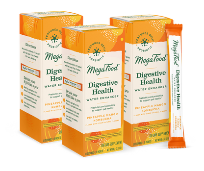 MegaFood Digestive Health Water Enhancer - Prebiotics & Probiotics for Women & Men - Support Gut Health with 2 Billion CFU - Pineapple Mango Kombucha Powder - 10 Count (Pack of 3)