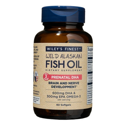 Wiley's Finest Wild Alaskan Fish Oil - Prenatal Mini DHA, 600mg EPA + DHA Omega-3s, 60 Softgels (Packaging May Vary)