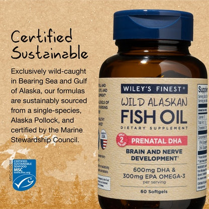Wiley's Finest Wild Alaskan Fish Oil - Prenatal Mini DHA, 600mg EPA + DHA Omega-3s, 60 Softgels (Packaging May Vary)