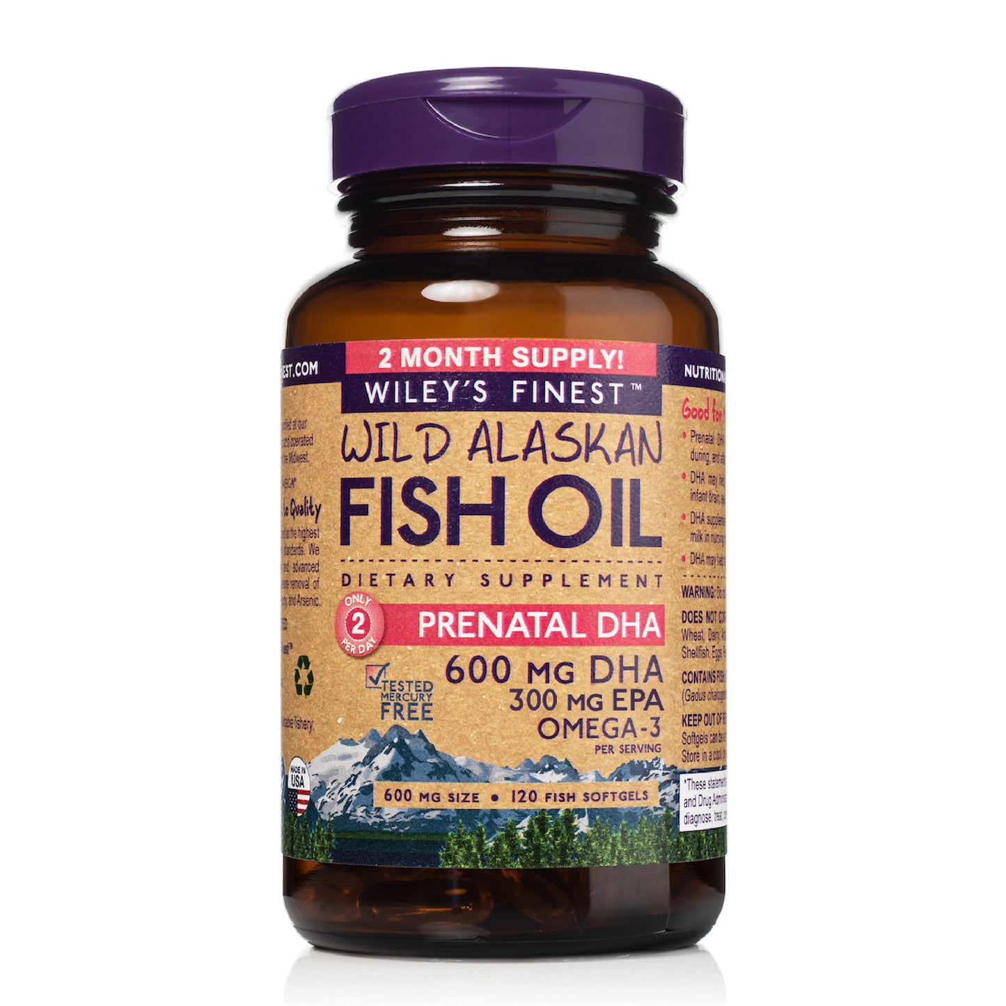 Wiley's Finest Wild Alaskan Fish Oil - Prenatal Mini DHA, 600mg EPA + DHA Omega-3s, 120 Softgels (Packaging May Vary)