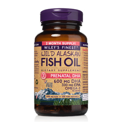 Wiley's Finest Wild Alaskan Fish Oil - Prenatal Mini DHA, 600mg EPA + DHA Omega-3s, 120 Softgels (Packaging May Vary)