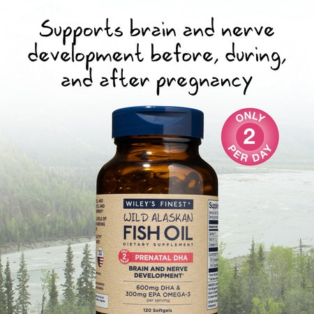 Wiley's Finest Wild Alaskan Fish Oil - Prenatal Mini DHA, 600mg EPA + DHA Omega-3s, 120 Softgels (Packaging May Vary)