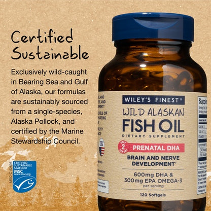 Wiley's Finest Wild Alaskan Fish Oil - Prenatal Mini DHA, 600mg EPA + DHA Omega-3s, 120 Softgels (Packaging May Vary)