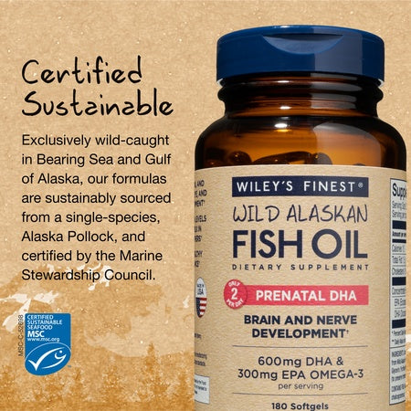 Wiley's Finest Wild Alaskan Fish Oil - Prenatal Mini DHA, 600mg EPA + DHA Omega-3s, 180 Softgels (Packaging May Vary)
