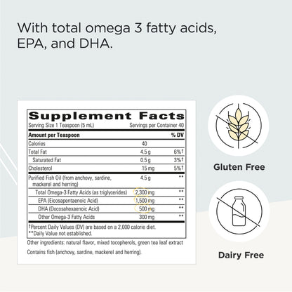 Integrative Therapeutics - Pure Omega Liquid Fish Oil - Natural Lemon Flavor - 2300 mg Omega 3 Fatty Acids with EPA and DHA - Wild Fish Oil - No Fishy Burp Back - 6.8 fl oz