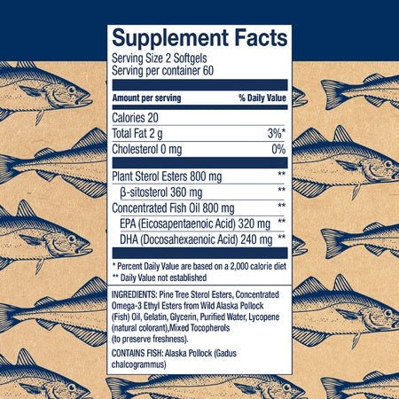Wiley's Finest Wild Alaskan Fish Oil - Cholesterol Support, Natural 800mg Plant Sterol Esters, 560mg EPA + DHA Omega-3s, Wild-Caught Alaskan, 120 Softgels (Packaging May Vary)