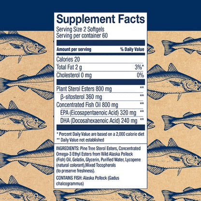 Wiley's Finest Wild Alaskan Fish Oil - Cholesterol Support, Natural 800mg Plant Sterol Esters, 560mg EPA + DHA Omega-3s, Wild-Caught Alaskan, 120 Softgels (Packaging May Vary)