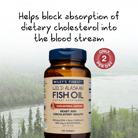 Wiley's Finest Wild Alaskan Fish Oil - Cholesterol Support, Natural 800mg Plant Sterol Esters, 560mg EPA + DHA Omega-3s, Wild-Caught Alaskan, 120 Softgels (Packaging May Vary)