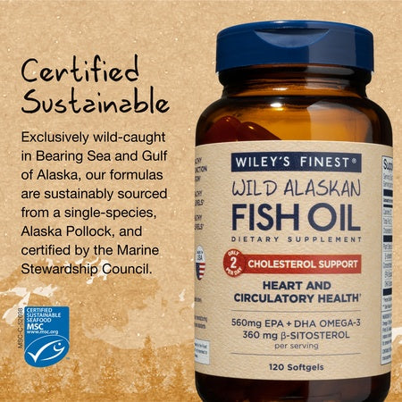 Wiley's Finest Wild Alaskan Fish Oil - Cholesterol Support, Natural 800mg Plant Sterol Esters, 560mg EPA + DHA Omega-3s, Wild-Caught Alaskan, 120 Softgels (Packaging May Vary)