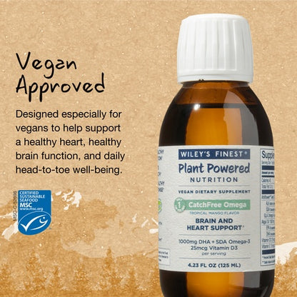 Wiley's Finest Catch Free Vegan Omega 3 Liquid Supplement, Organic Plant-Based Algae Oil DHA + EPA Fatty Acids, Fish Oil Alternative, Supports Heart, Brain, Joint Health, Non-GMO, 4oz Mango Flavor