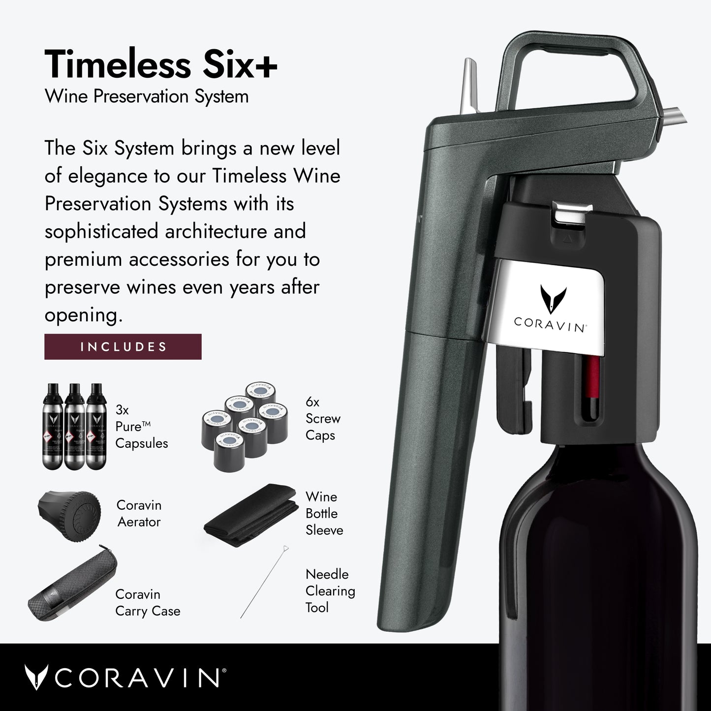 Coravin Timeless Six Plus - Wine Preservation System and Aerator - Includes 3 Argon Gas Capsules, 6 Screwcaps, Aerator, and Carry Case - Silver