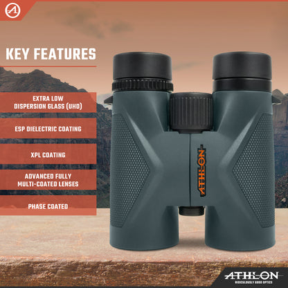 Athlon Optics 10x42 Midas G2 UHD Gray Binoculars with Eye Relief for Adults and Kids, High-Powered Binoculars for Hunting, Birdwatching, and More