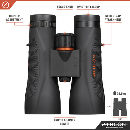 Athlon Optics 12x50 Midas G2 UHD Black Binoculars with Eye Relief for Adults and Kids, High-Powered Binoculars for Hunting, Birdwatching, and More