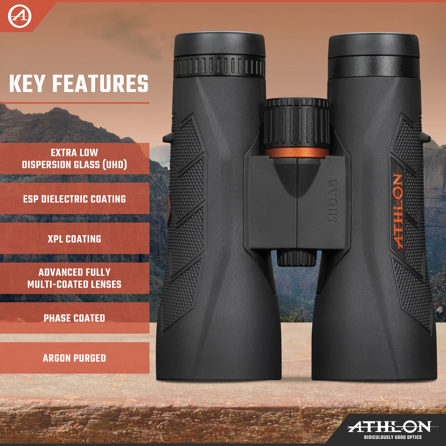 Athlon Optics 12x50 Midas G2 UHD Black Binoculars with Eye Relief for Adults and Kids, High-Powered Binoculars for Hunting, Birdwatching, and More