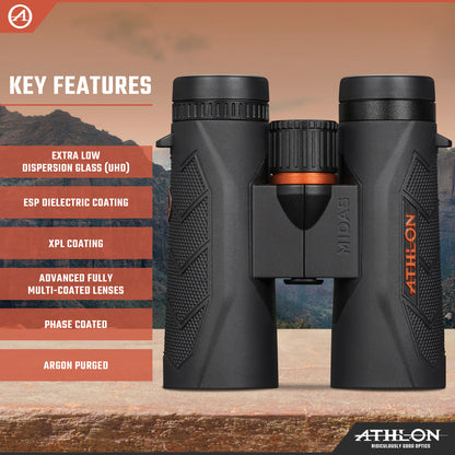 Athlon Optics 8x42 Midas G2 UHD Black Binoculars with Eye Relief for Adults and Kids, High-Powered Binoculars for Hunting, Birdwatching, and More