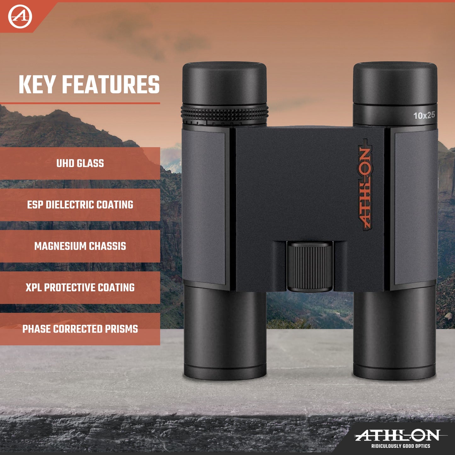 Athlon Optics 10x25 Midas G2 UHD Black Binoculars with Eye Relief for Adults and Kids, High-Powered Binoculars for Hunting, Birdwatching, and More