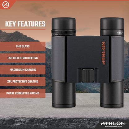 Athlon Optics 10x25 Midas G2 UHD Black Binoculars with Eye Relief for Adults and Kids, High-Powered Binoculars for Hunting, Birdwatching, and More