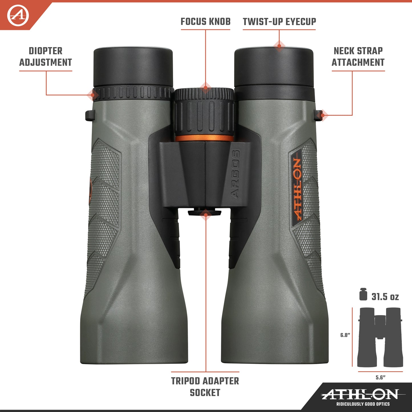 Athlon Optics 12x50 Argos G2 HD Gray Binoculars with Eye Relief for Adults and Kids, High-Powered Binoculars for Hunting, Birdwatching, and More