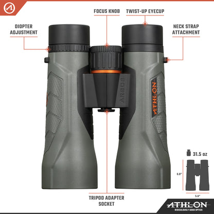 Athlon Optics 12x50 Argos G2 HD Gray Binoculars with Eye Relief for Adults and Kids, High-Powered Binoculars for Hunting, Birdwatching, and More