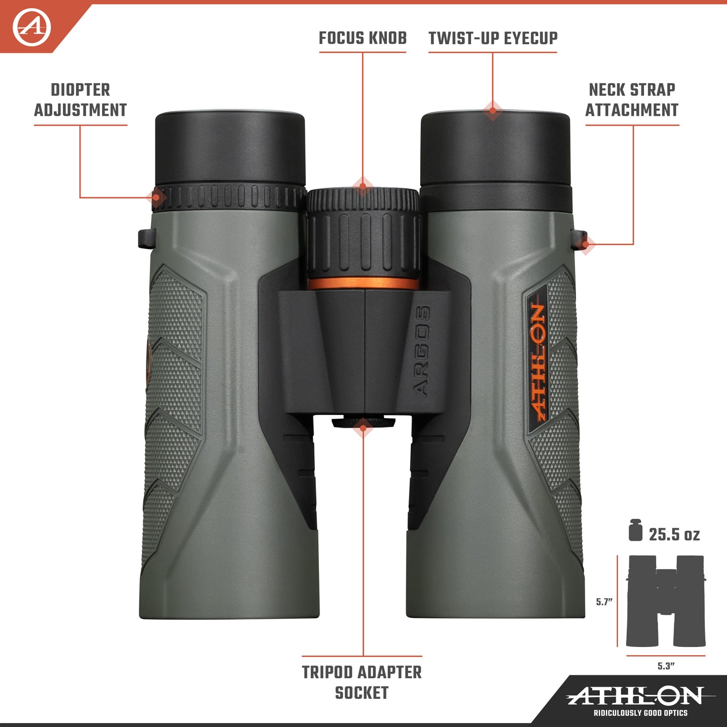 Athlon Optics 10x42 Argos G2 HD Gray Binoculars with Eye Relief for Adults and Kids, High-Powered Binoculars for Hunting, Birdwatching, and More