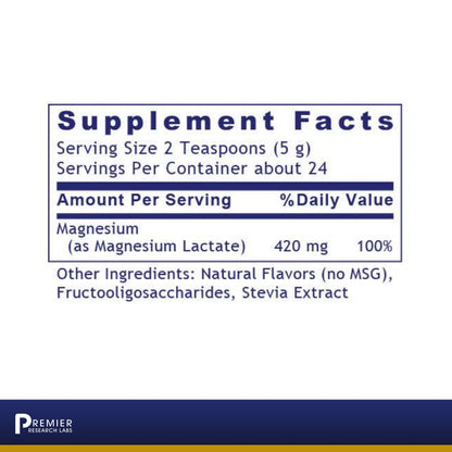 Premier Research Magnesium, Magnesium Lactate Powder, 4 OZ, Highly Absorbable Source of Magnesium
