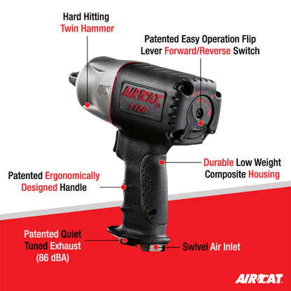 AIRCAT 1150 1/2-Inch Drive ""Killer Torque"" Composite Impact Wrench 1295 ft-lbs