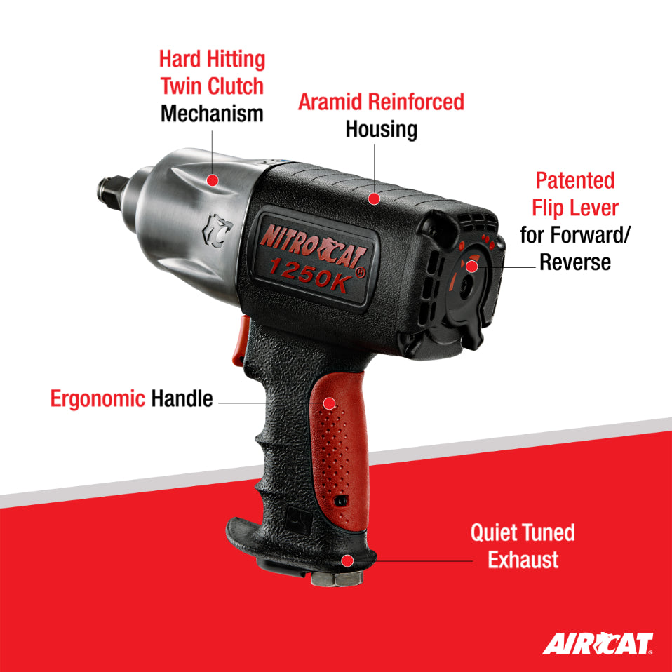 AIRCAT 1250-K 1/2-Inch Nitrocat Kevlar and Composite Twin Clutch Impact Wrench 1300 ft-lbs