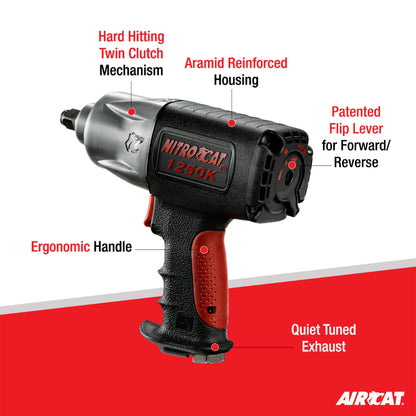 AIRCAT 1250-K 1/2-Inch Nitrocat Kevlar and Composite Twin Clutch Impact Wrench 1300 ft-lbs
