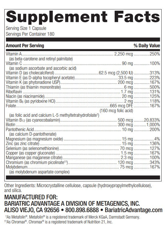 Bariatric Advantage High ADEK Multivitamin, High Potency Vitamin A, Vitamin D, Vitamin E, and Vitamin K Supplement for Bariatric Surgery Patients - 180 Count