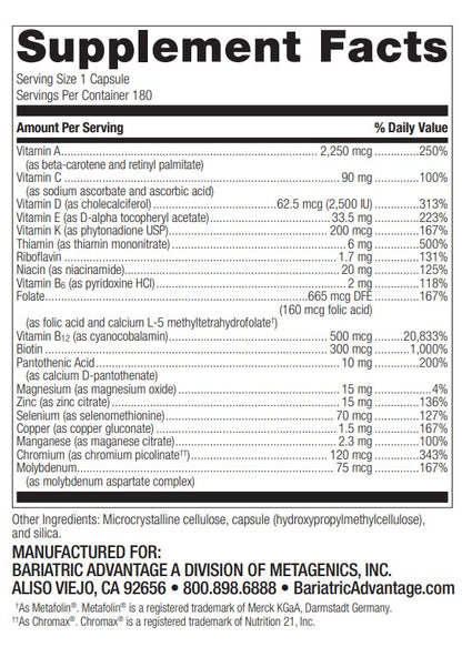 Bariatric Advantage High ADEK Multivitamin, High Potency Vitamin A, Vitamin D, Vitamin E, and Vitamin K Supplement for Bariatric Surgery Patients - 180 Count