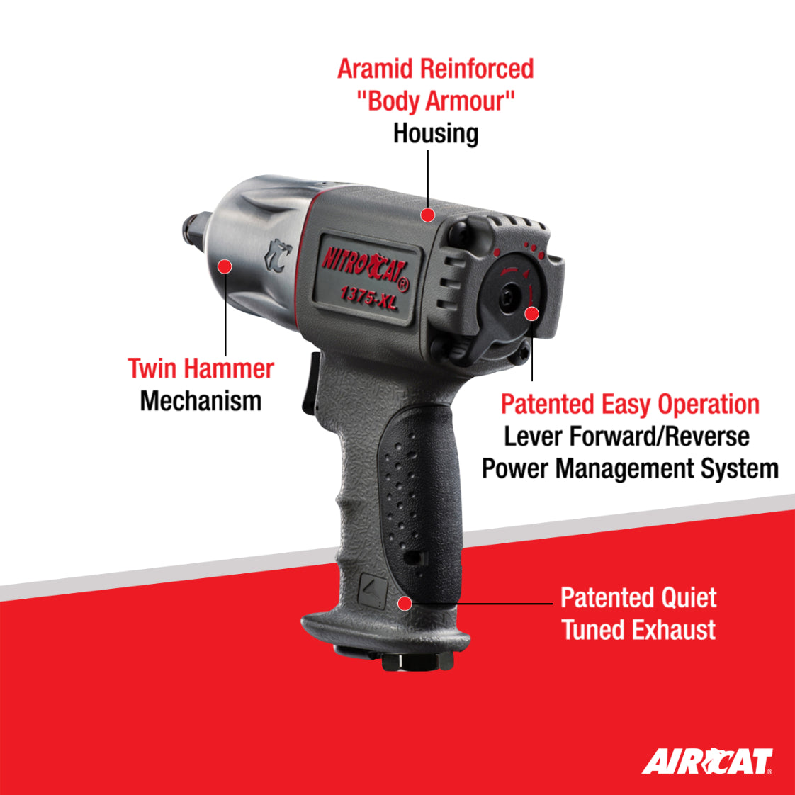 NitroCat - 1375XL 1375-XL 1/2-Inch Mini Composite Air Impact Wrench with Twin Clutch Mechanism