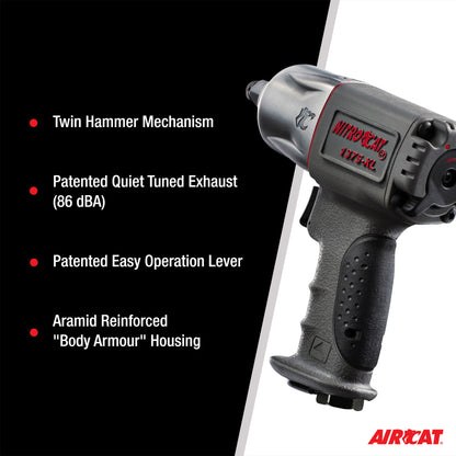 NitroCat - 1375XL 1375-XL 1/2-Inch Mini Composite Air Impact Wrench with Twin Clutch Mechanism