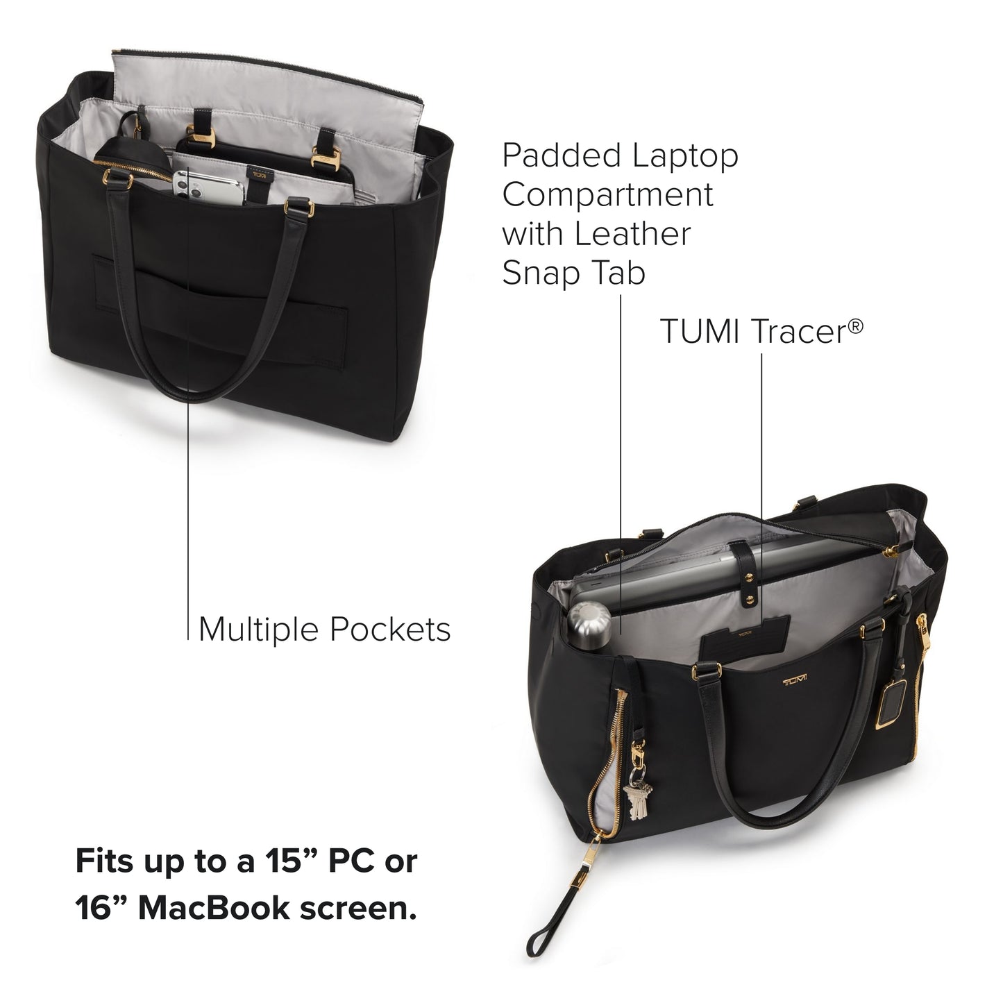 TUMI - Voyageur Valetta Tote - Women's Carryall Bag, Lightweight and Roomy, Functional Purse for Everyday, Business & Travel - Large, Black & Gold Hardware