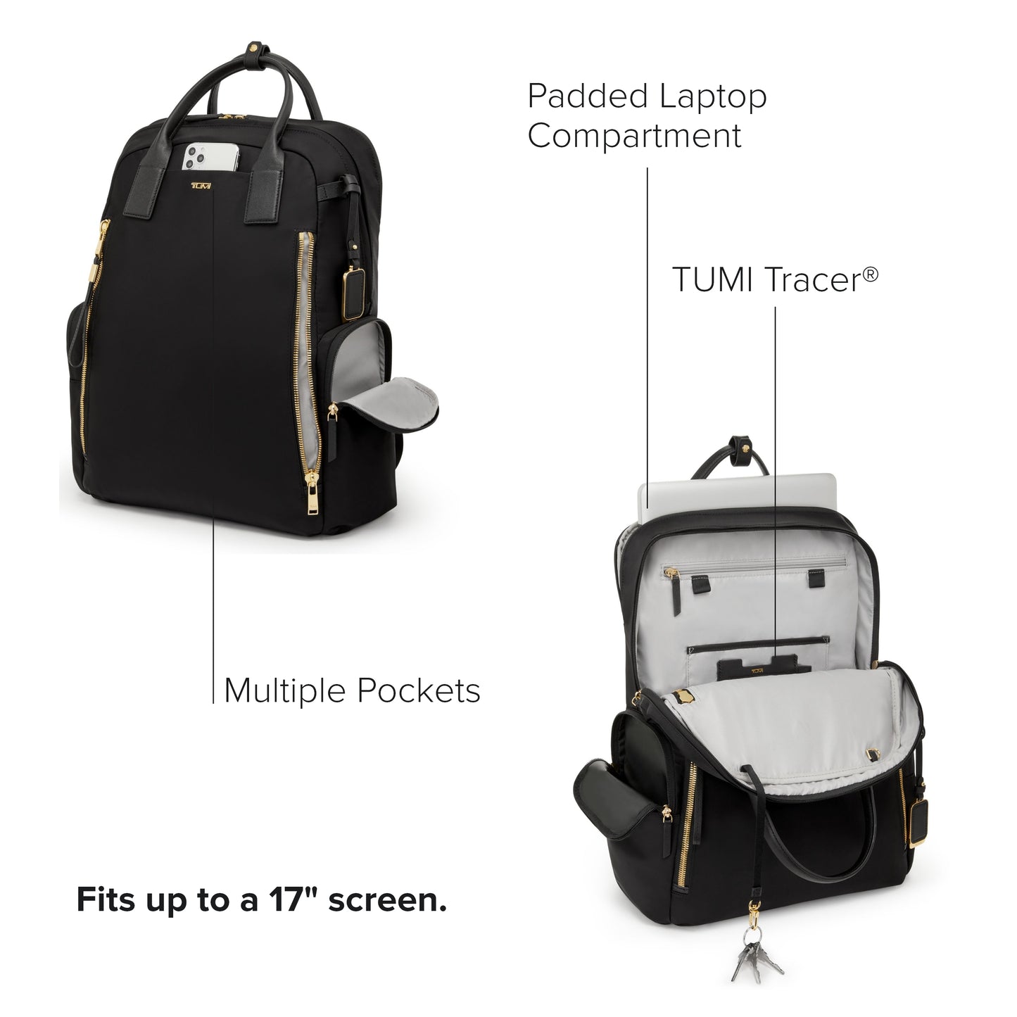 TUMI - Voyageur Atlanta Backpack - Travel Backpack for Women - For Business, Commute - Holds Up to 17" Laptop - Black - Gold Hardware