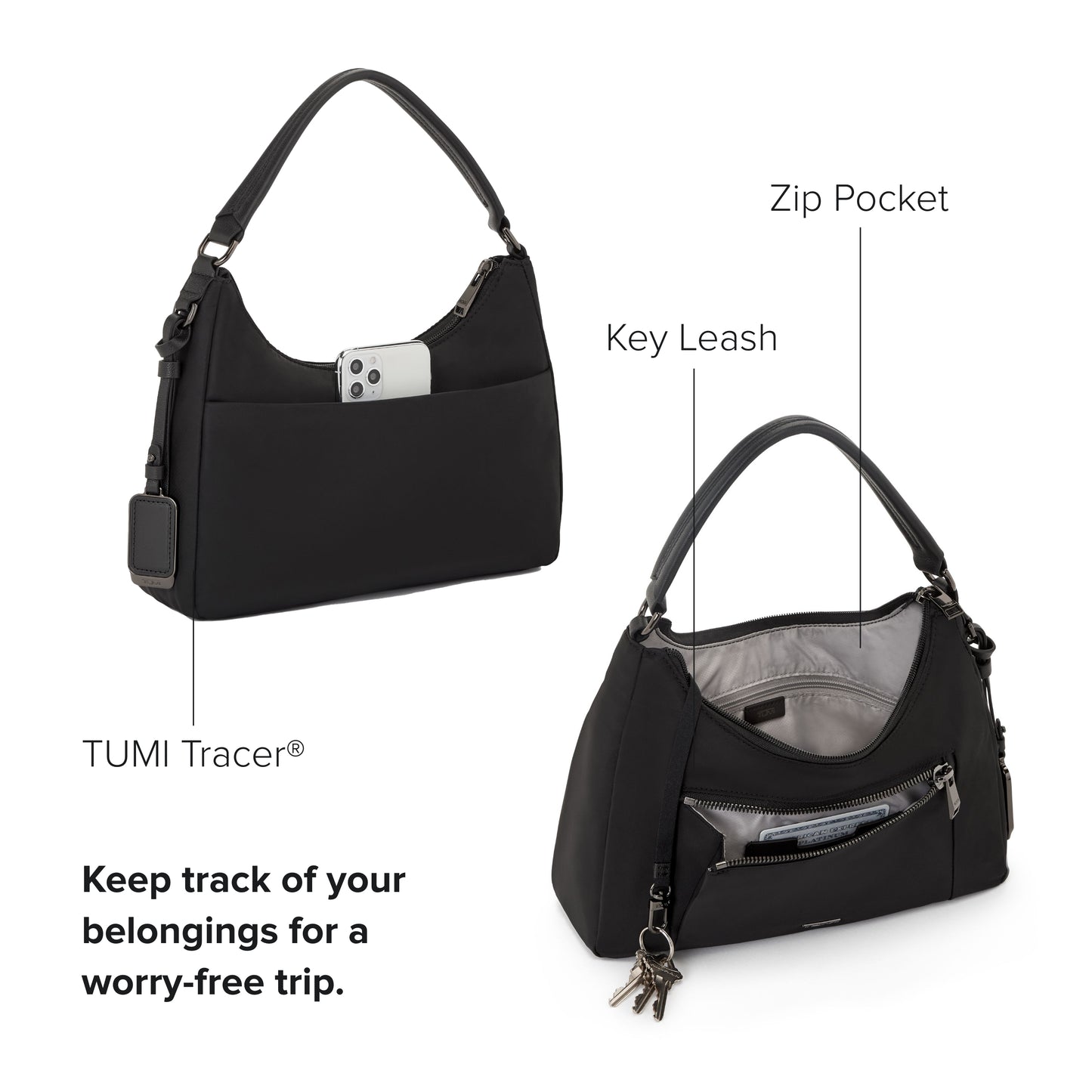 TUMI - Voyageur Adelaide Hobo Crossbody - Sling Bag for Women - Everyday Travel Purse - Removable Strap - TUMI Tracer - Black & Gunmetal Hardware