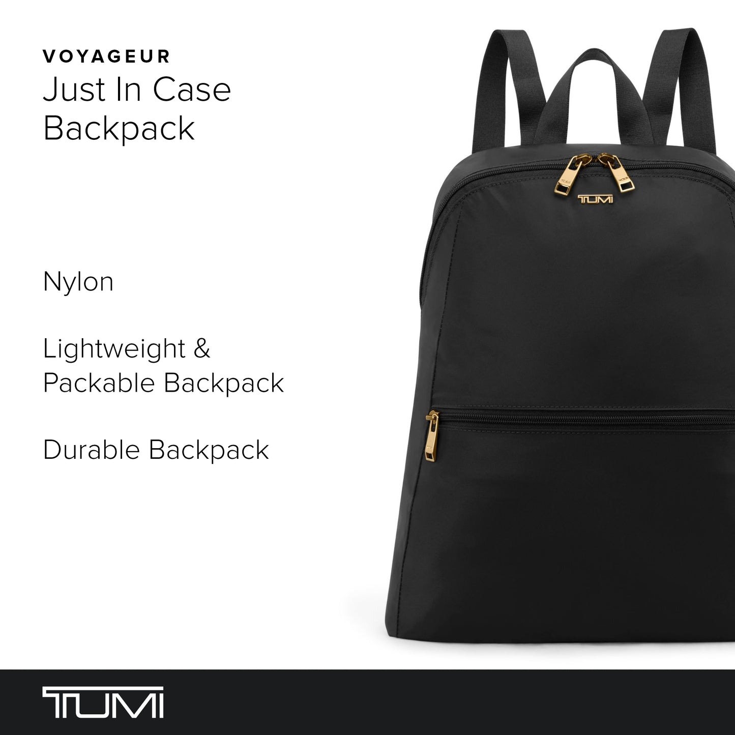 TUMI - Just In Case Foldable Backpack - Lightweight, Compact Travel Backpack - For One Bag Travel - 15.5" X 12.3" X 4.5" - Black with Gold Hardware
