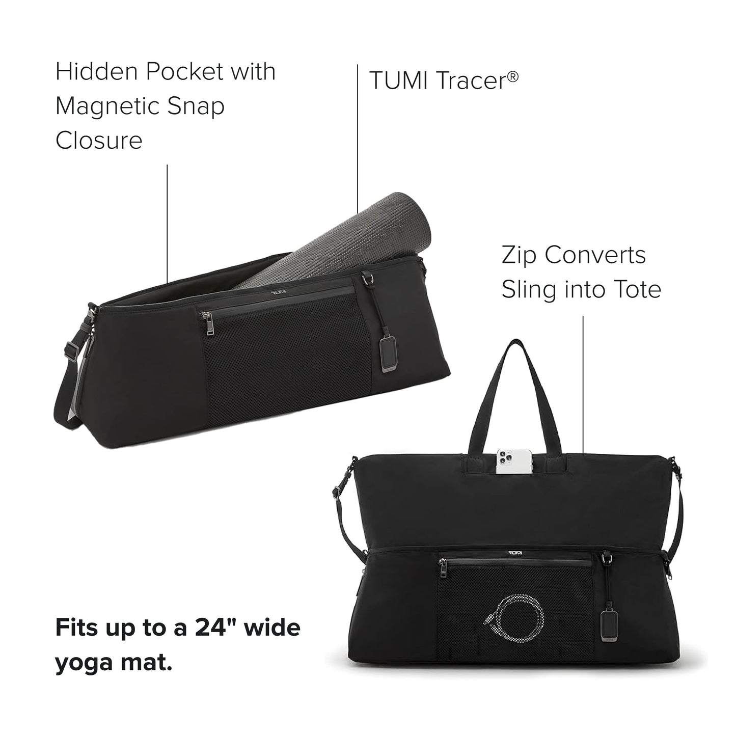 TUMI Voyageur Kauai Yoga Sling/Tote - Travel Sling, Tote & Yoga Bag - Black - With Gunmetal Hardware - 8.8" X 25.0" X 7.5"
