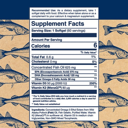 Wiley's Finest Wild Alaskan Fish Oil - Mini Vitamin K2 500mg, D3 2000 IU, 500MG EPA + DHA Omega-3, 60 Softgels