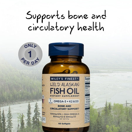 Wiley's Finest Wild Alaskan Fish Oil - Mini Vitamin K2 500mg, D3 2000 IU, 500MG EPA + DHA Omega-3, 60 Softgels