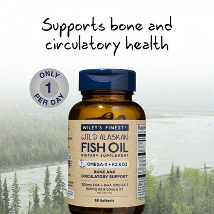 Wiley's Finest Wild Alaskan Fish Oil - Mini Vitamin K2 500mg, D3 2000 IU, 500MG EPA + DHA Omega-3, 60 Softgels