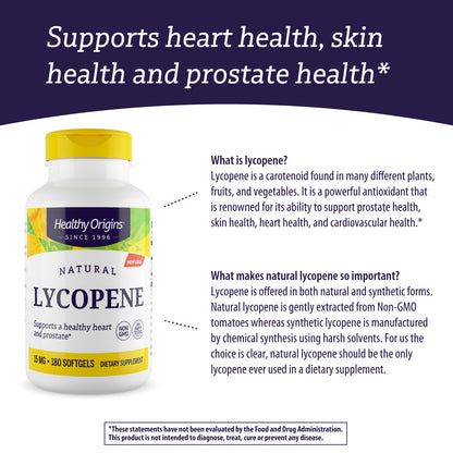 Healthy Origins Lycopene 15 mg (Natural, Non-GMO, Gluten Free, Skin Support, Prostate Support), 180 Softgels