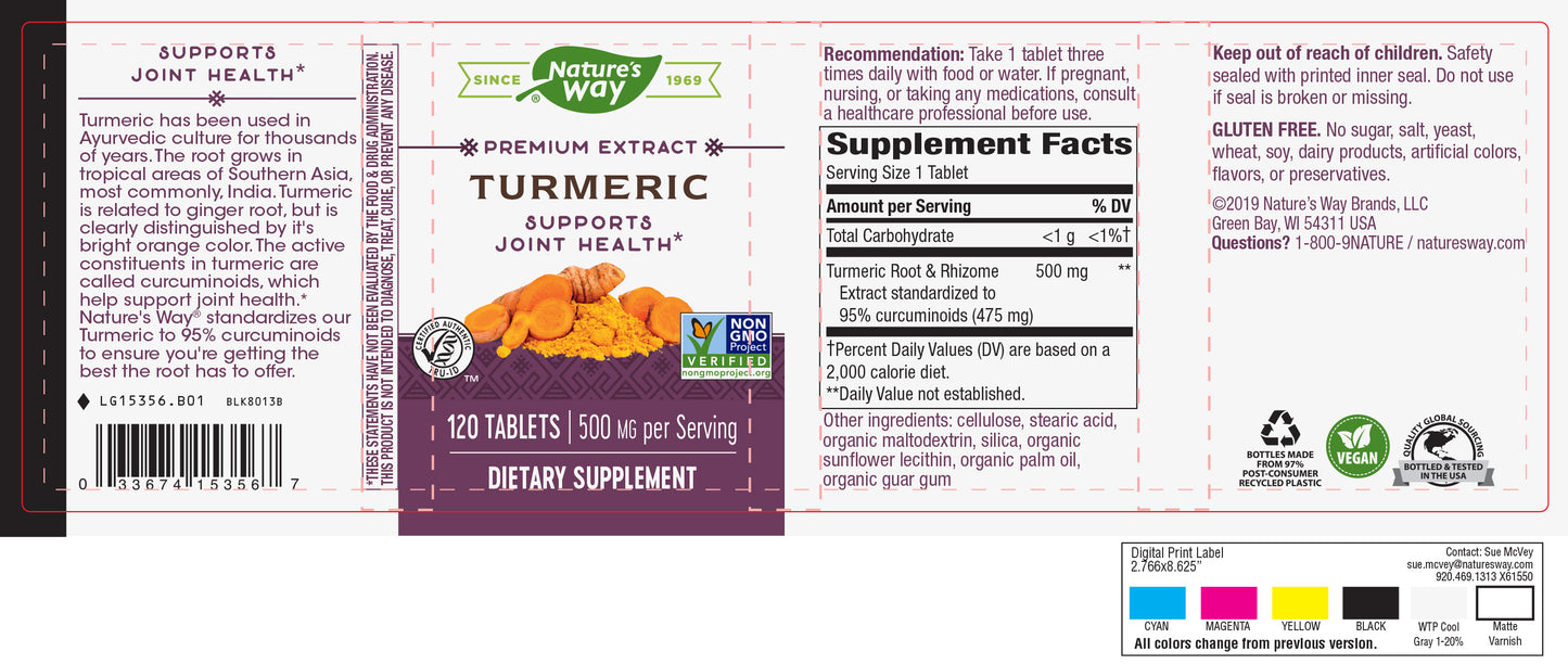 Nature's Way Premium Extract Turmeric Standardized to 95% Curcuminoids, 500 mg per serving, 120 Tablets (Packaging May Vary)