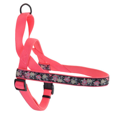 Coastal - Ribbon - Weave Harness, Pink Yellow Flowers on Black, 5/8" x 16-19