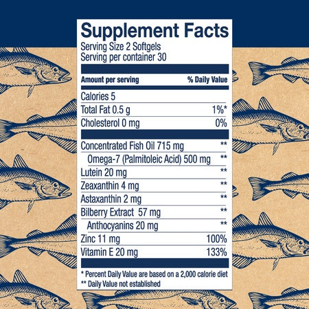 Wiley's Finest Wild Alaskan Fish Oil - Bold Vision for Eye Health, with Lutein, Zeaxanthin, Bilberry, Omega-7, Astaxanthin Plus Vitamin E and Zinc, 60 softgels