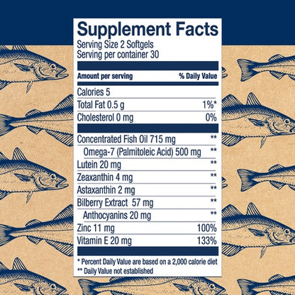 Wiley's Finest Wild Alaskan Fish Oil - Bold Vision for Eye Health, with Lutein, Zeaxanthin, Bilberry, Omega-7, Astaxanthin Plus Vitamin E and Zinc, 60 softgels