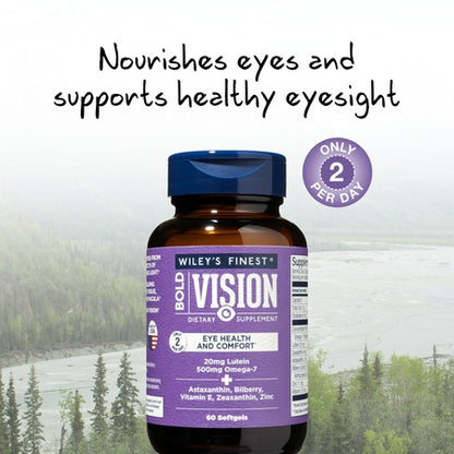 Wiley's Finest Wild Alaskan Fish Oil - Bold Vision for Eye Health, with Lutein, Zeaxanthin, Bilberry, Omega-7, Astaxanthin Plus Vitamin E and Zinc, 60 softgels