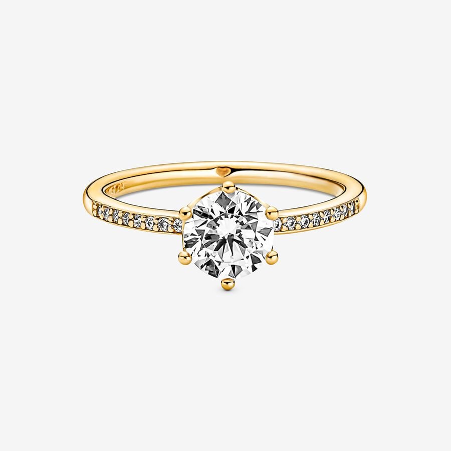 PANDORA Jewelry Clear Sparkling Crown Solitaire Ring - 14k Gold-Plated with Cubic Zirconia - Size 7, With Gift Box